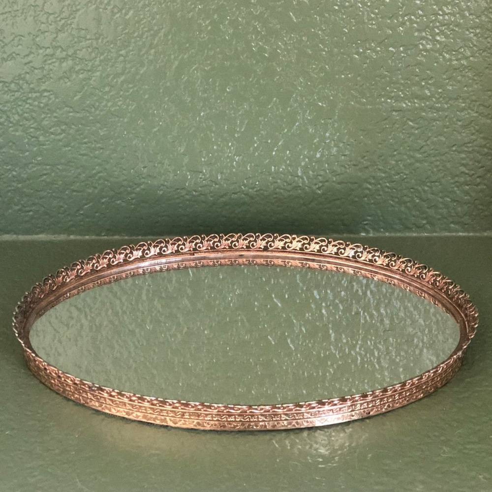 Vintage Mid-Century Filagree Oval Mirrored Tray